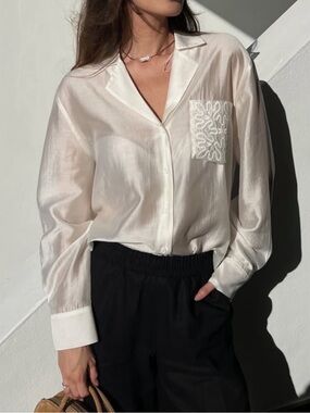 Zara ZW Collection Embroidered Pocket Sheer Shirt — White/Ivory | Size XS
